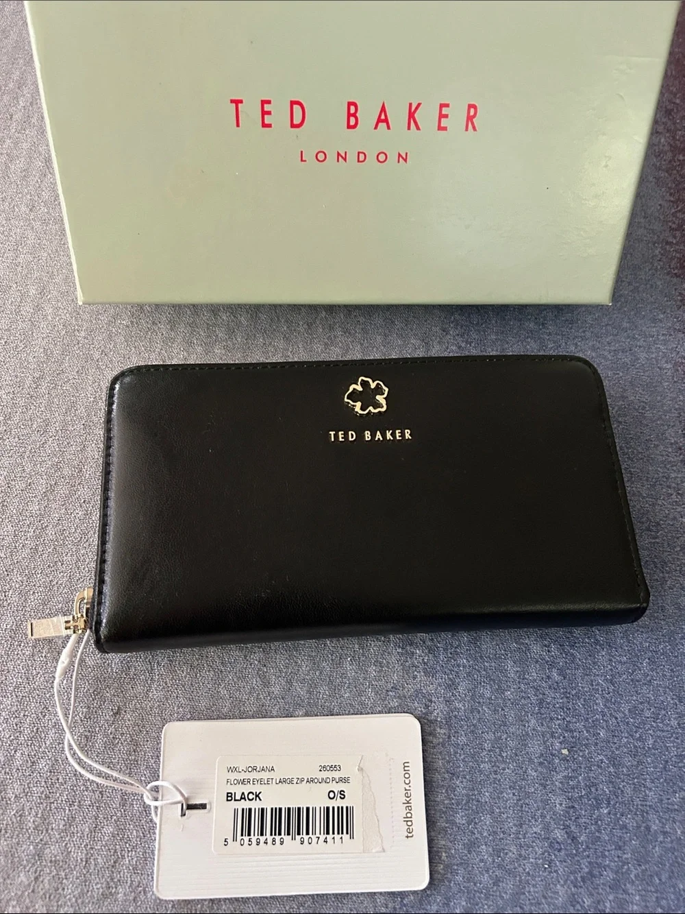 Ted Baker Black Leather Zip Wallet with Gold Logo